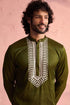 SHRESTHA BY VASTRAMAY Men's Mehndi Green Silk Machine Embroidered Kurta Pyjama